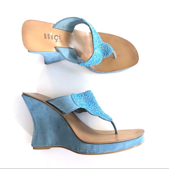 Rouge Helium Blue Suede Mules Thong Wedges - Picture 2 of 8